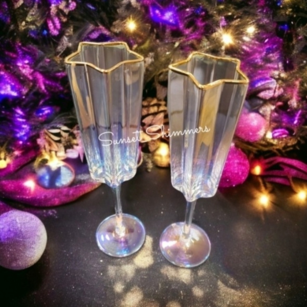 2 Star Shaped Gold Rimmed iridescent Flute Glasses Christmas Wedding New